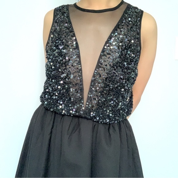 Festival Sparkle Sequin Sleeveless Deep V Mesh Cut Out Mini Dress in Black (S) - Picture 2 of 6